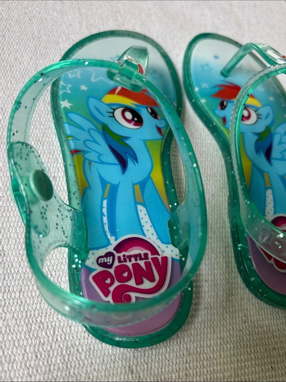 My Little Pony Green Teal Glitter Jelly Sandals with Rainbow Dash 11/12 XL
